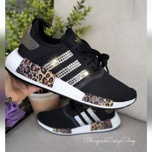Women's Bling Adidas NMD R1 Leopard Print Black Shoes made with Crystals